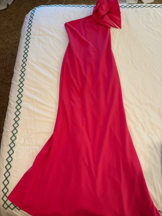 Aqua One-Shoulder Pink Gown with Shoulder Bow - Picture 5 of 5